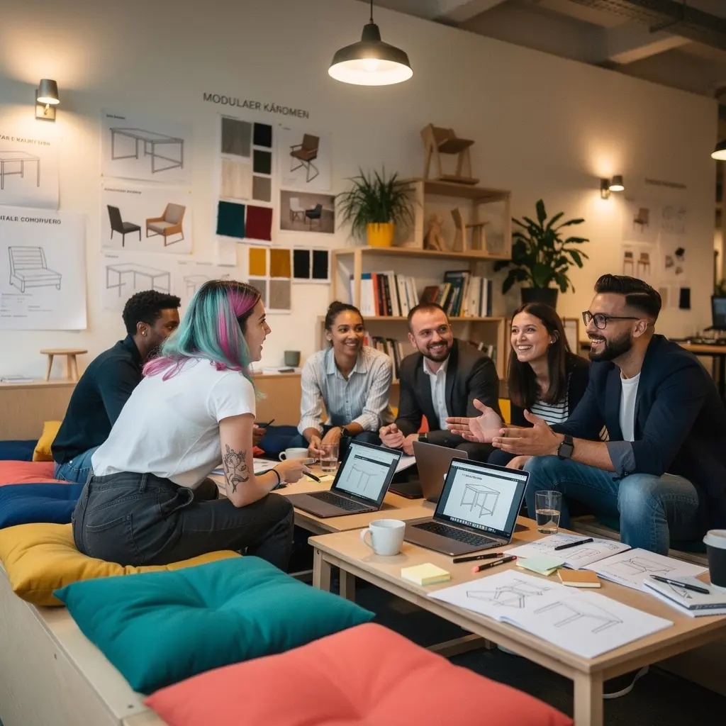 Ein kleiner Besprechungsraum mit hellen Farben und ergonomischen Stühlen.
